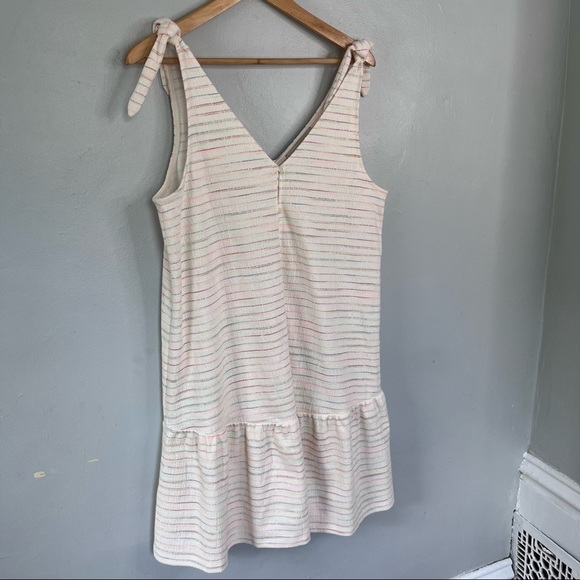 LOFT Bow Strap Button Front Linen Stripes Flounce Dress Ivory Multi-Color Medium - Picture 3 of 14